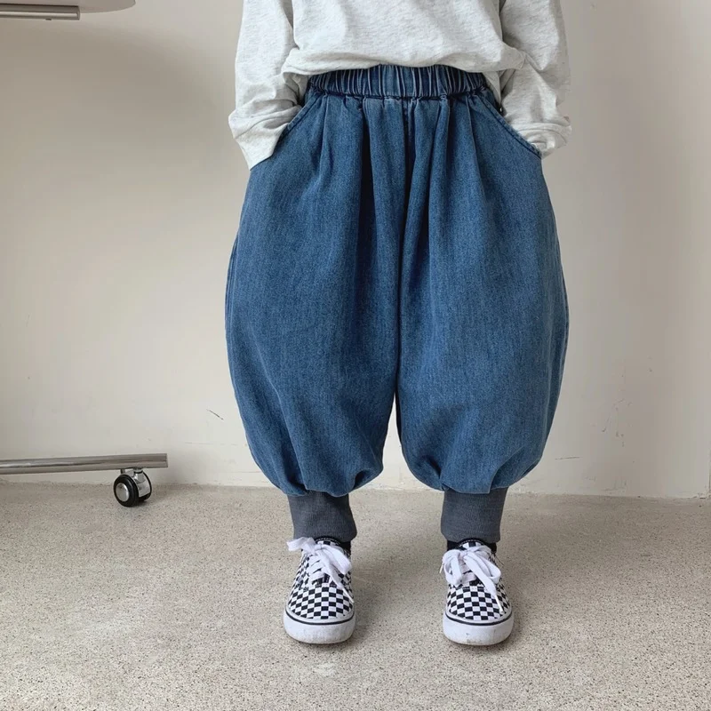 

Autumn children vintage loose denim jeans unisex Bloomers Boys and Girls soft comfortable denim harem pants