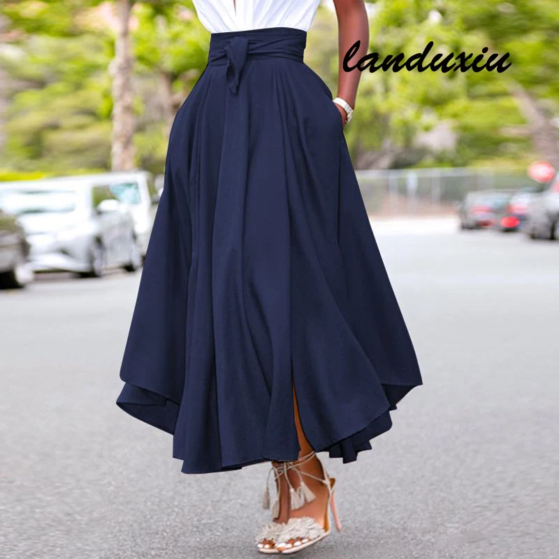 

Fashion Womens Irregular Holiday Zipper High Waist A Line Summer Long Vintage Beach Solid Skirts landuxiu