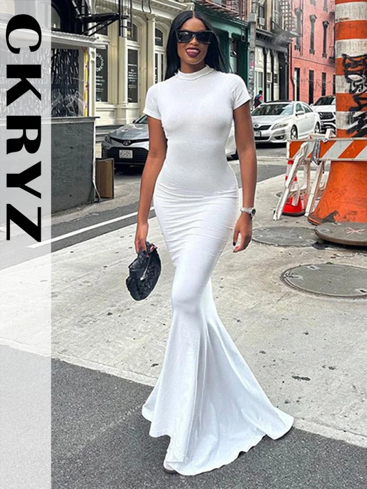 

Женское осеннее платье-макси с коротким рукавом и круглым вырезом