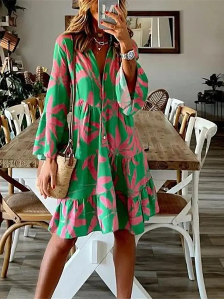 

Summer Dresses For Women 2023 Printed Long-sleeve Flare Sleeve Dress Women Clothing Streetwear Loose Formal Dresses Mini Dress