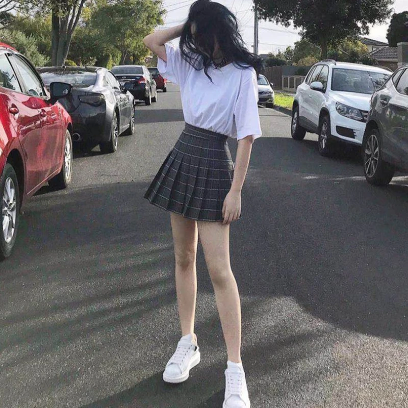 Pleated Skirt For Woman 2022 Summer Mini Brown Checkered Women Elastic A-Line High Waist Plaid College Style Girl Black Skirts