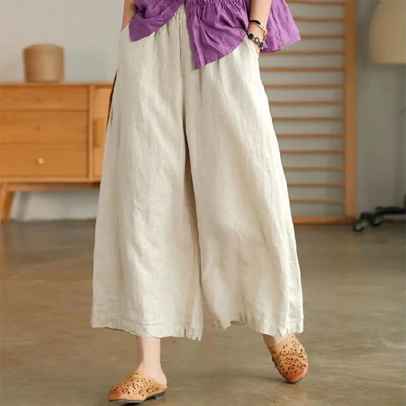 Women Linen Nine-point Wide Leg Pants Korean Fashion Cotton Solid Loose Women Pants Summer Fashion Ankle Length Pants