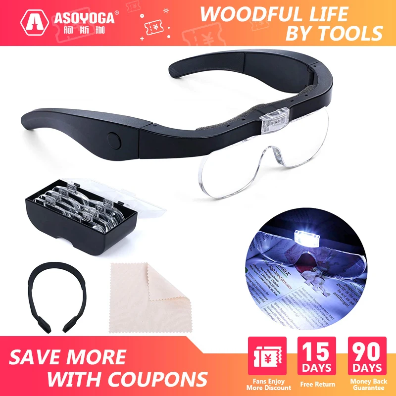 

ASOYOGA Magnifying Glasses with LED Lights 4 Interchangeable Lenses 1.5X - 5X Eye Magnifier for Reading Arts and Crafts Hobby