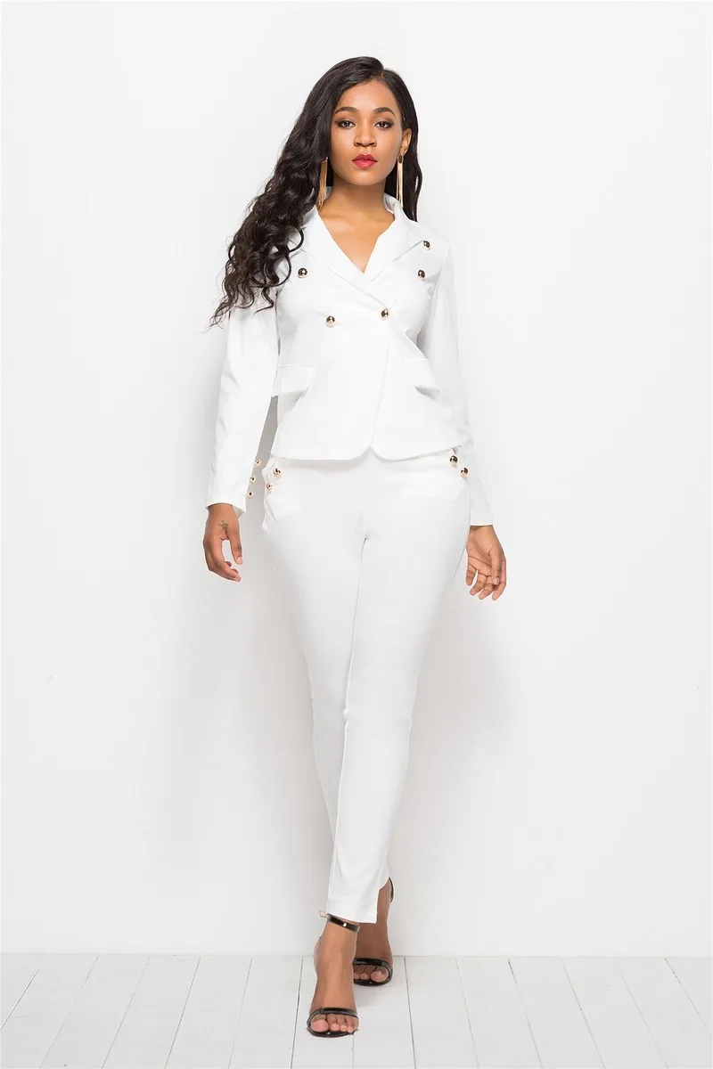 Office Lady Basic Blazer Suit 2 Piece Set Women Single Button Slim Blazer Elastic Waist Pencil Pants Set Hihg Waist Pants Suits