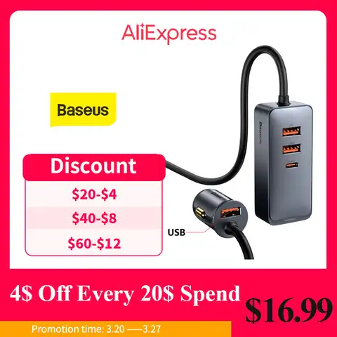 Baseus 4 в 1 120 Вт USB Type C быстрая зарядка автомобильное зарядное устройство для телефона Быстрая зарядка Автомобильная сигарета зажигалка Expasion ...