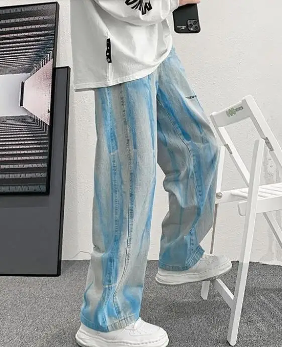 Jeans Men Tie Dye Print Denim Pants Baggy Elastic Waist Straight Trousers High Street Punk Cool Green Jeans