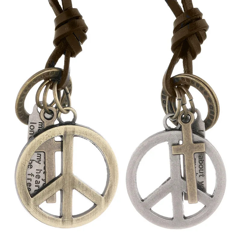 

Big Peace Sign Pendant Men Necklaces Simple Vintage Cross Choker Leather Rope Adjustable Chain Teen Girl Boy Gift Trendy Jewelry
