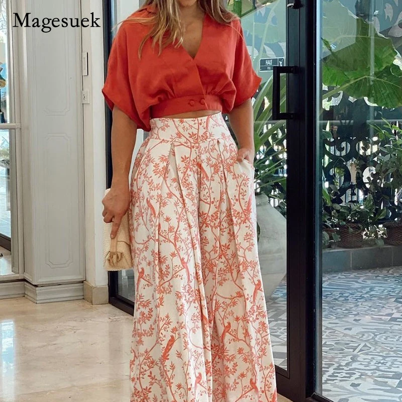 

Elgant Floral Print Wide Leg Pants Womens Two Piece Sets Sexy Mid Sleeve Shirt High Streetwear Bohemian Casual OL Pants 20723