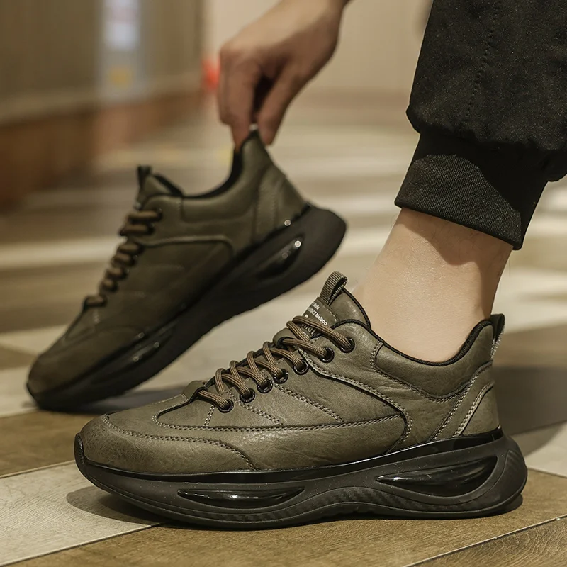 Men's Shoes Winter New Sneaker Full-grain Leather Casual Black Thick Bottom Trendy Fleece-lined Warm Daddy