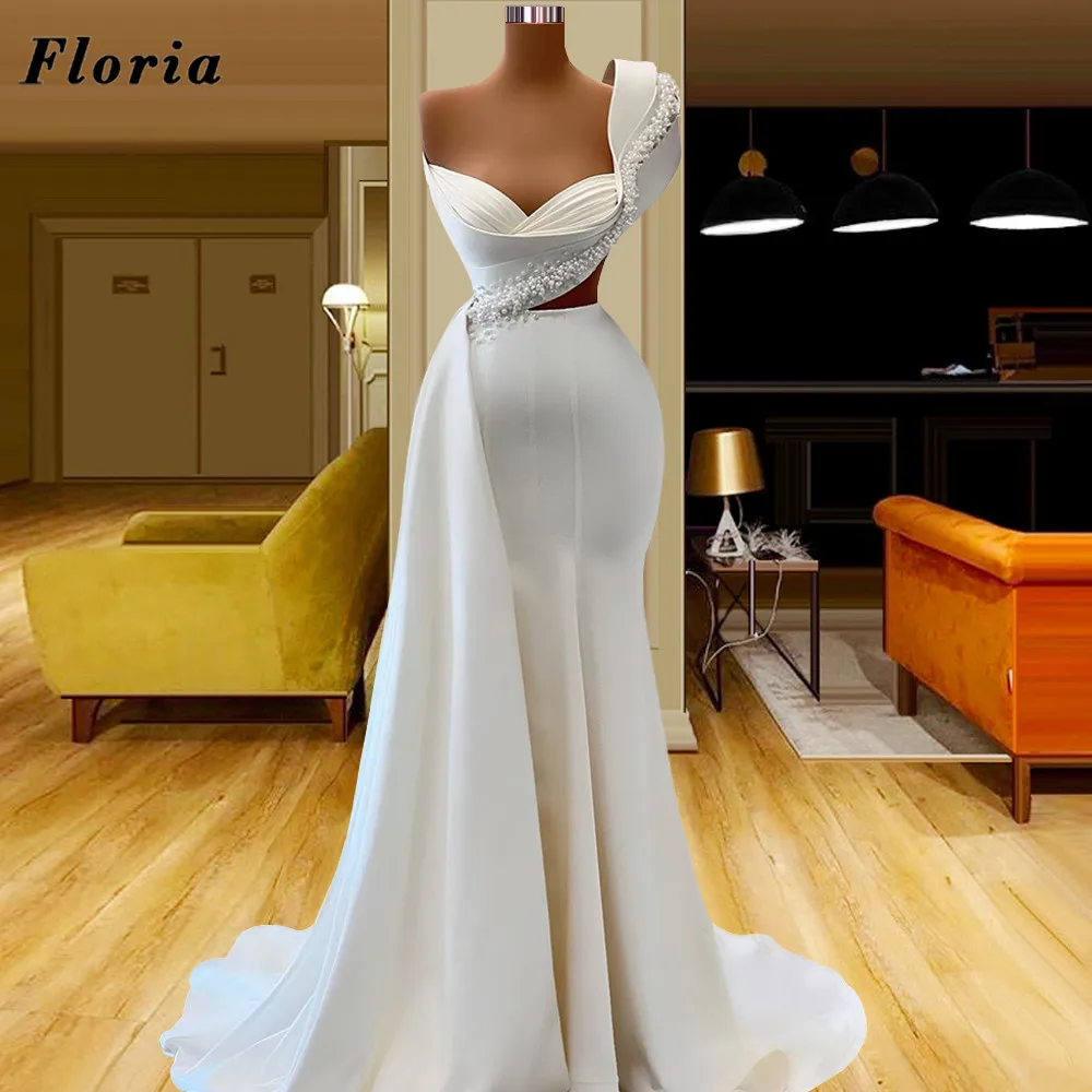 

Floria White Mermaid Evening Dresses 2022 Arabic Dubai Pearls Beaded Prom Dress Vestidos De Noche Couture Weddings Party Gowns