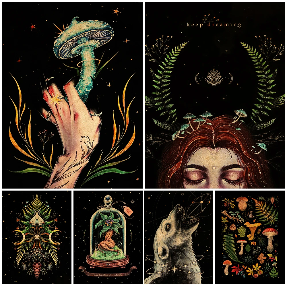 

Green Witch And Forest Nature Botanical Magic Poster Prints Cat Skeleton And Witch Hand Pagan Witchcraft Wall Art Home Decor