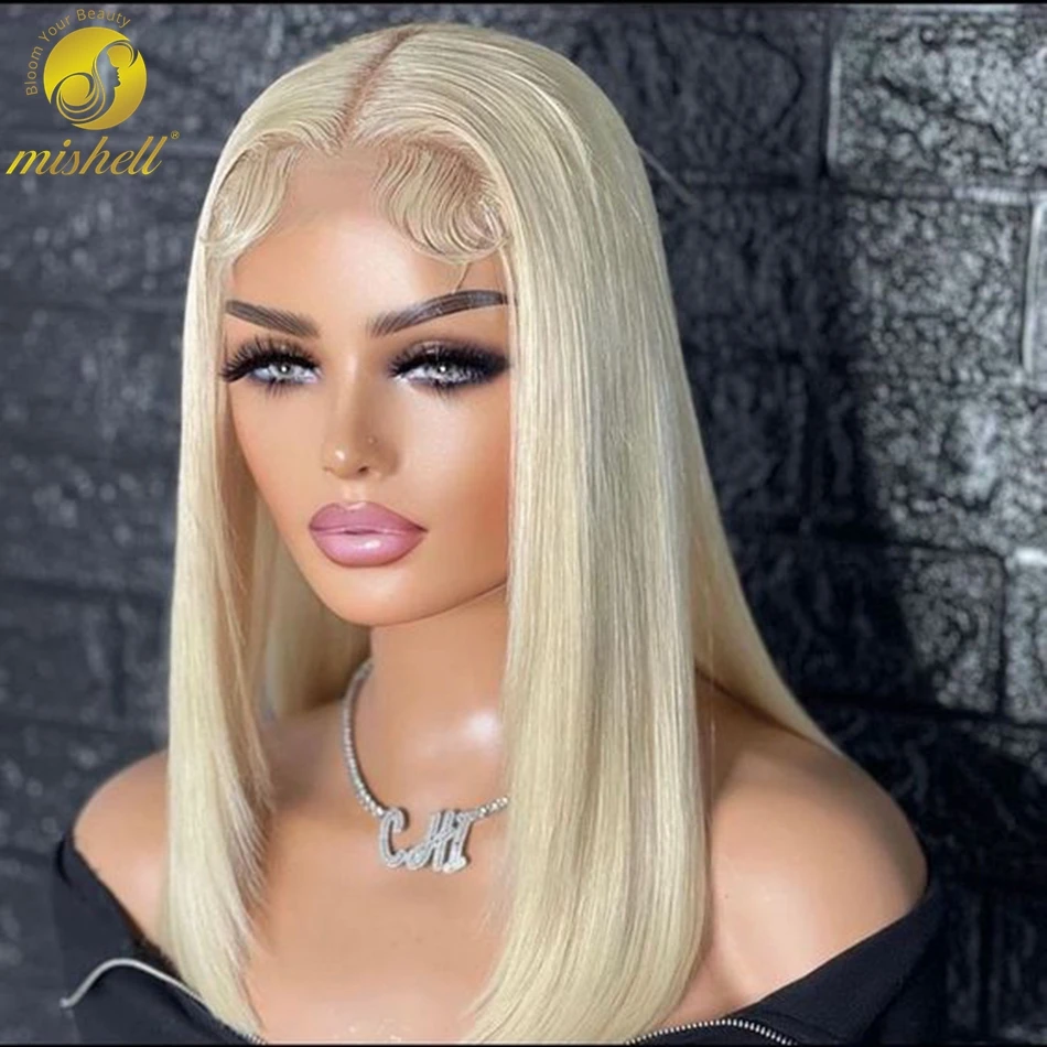 

Short Straight 613 Honey Blonde Color Bob Wig 13x4 Lace Frontal Human Hair Wigs 180% Density Pre-plucked Brazilian Remy Hair