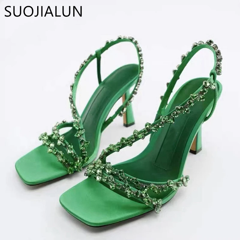 

SUOJIALUN Summer New Brand Women Sandal Fashion Bling Crystal Narrow Band Ladies Elegant Gladiator Shoes Thin High Heel Pumps