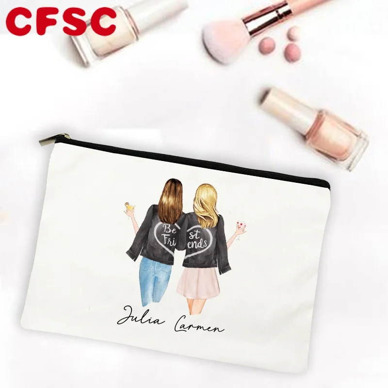 

Best Friend Cartoon Girl Print Makeup Bags Personalized Custom Name Cosmetic Pouch Travel Toiletry Organizer Gifts for Friend