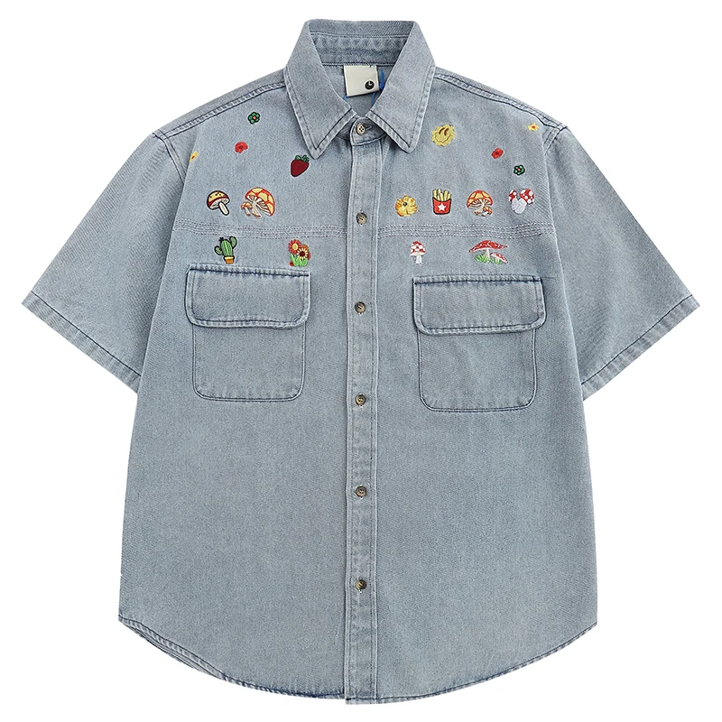 

Summer Men Oversize Denim Button Up Shirt Hip Hop Floral Cactus Embroidery Blouses Streetwear Harajuku Casual Cotton Jean Shirts