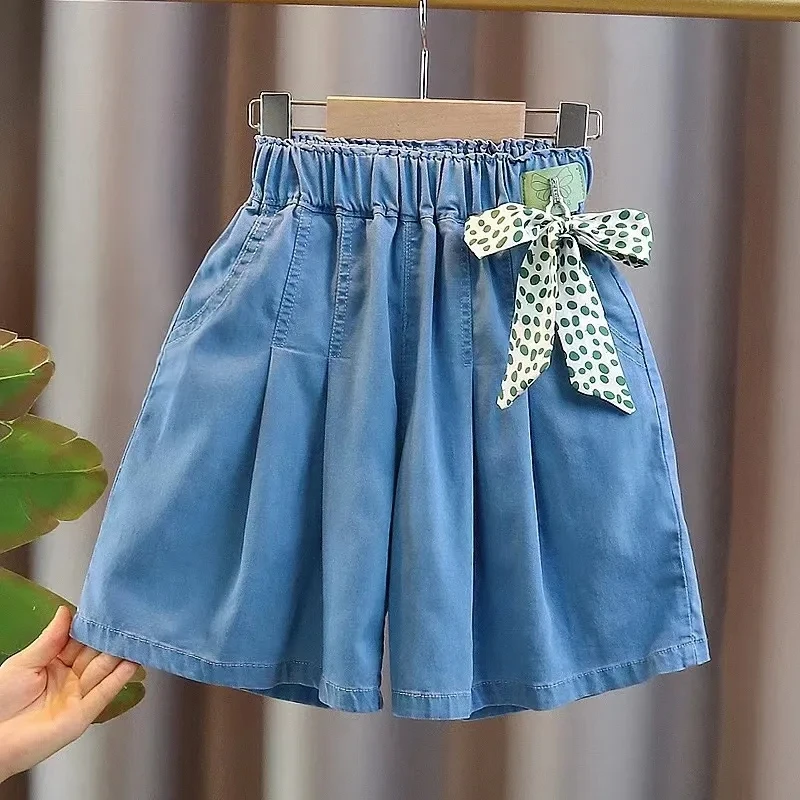 

6-15 Years Kids Denim Skirt Shorts for Grils Elastic Waist Loose Short Pants Teenager Girls Summer Shorts with Bow 10 12 13