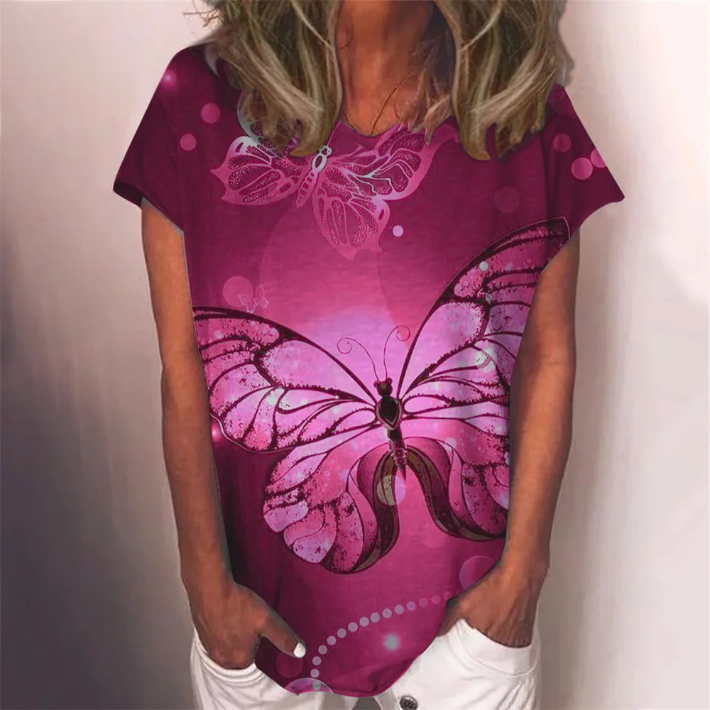 Купи Butterfly Print Summer Women T Shirt Short Sleeve O-Neck Casual Tops Fashion Ladies Streetwear Loose Pullover T Shirts за 475 рублей в магазине AliExpress