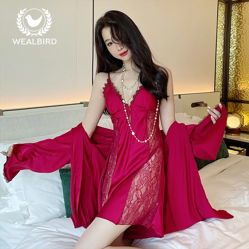 2022 new high sense two piece pajamas ladies lace sexy long sleeve robe with chest pad ice silk