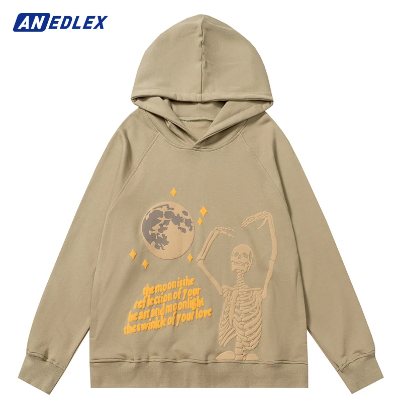 

2022 Hip Hop Hoodie Sweatshirt Harajuku Skeleton Letter Graphic Printed Hooded Pullover Men Street Autumn Cotton Loose Hoodie