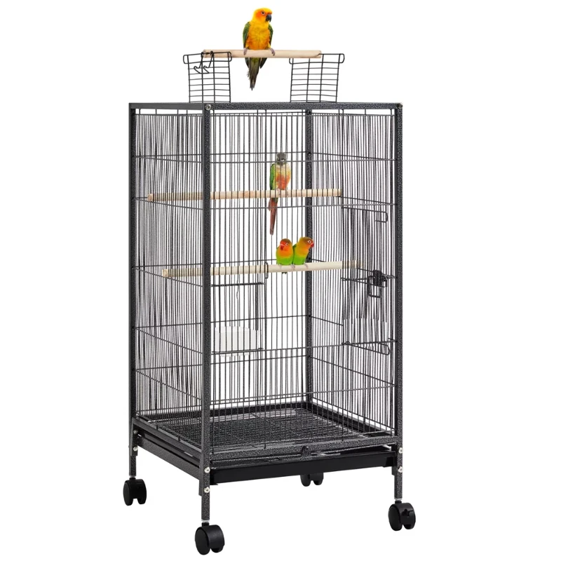 

40-Inch H Wrought Iron Bird Cage with Rolling Stand Open-Top, Black