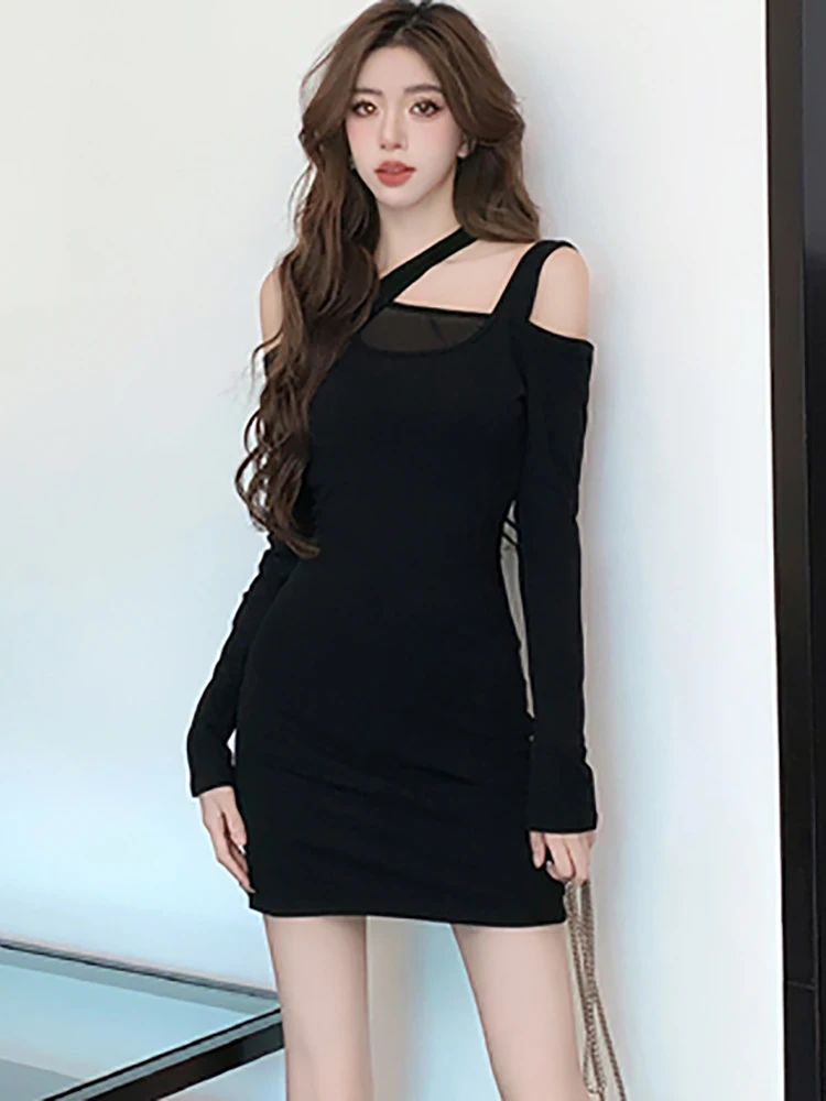 

Осенне-зимнее черное пикантное мини-платье с длинным рукавом и открытыми плечами, женское модное облегающее платье с запахом на бедрах, винтажное Повседневное платье для выпускного вечера 2023
