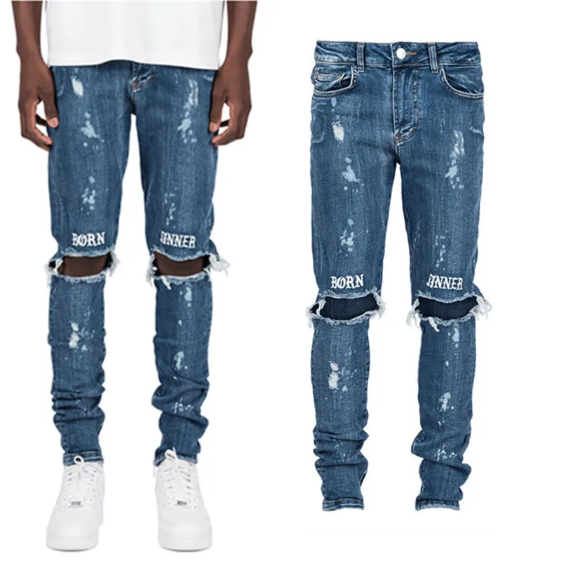 

2022 New Men's Ripped Button Jeans Fashion Slim Fit Stretch Trend Print Dump Men's Jeans