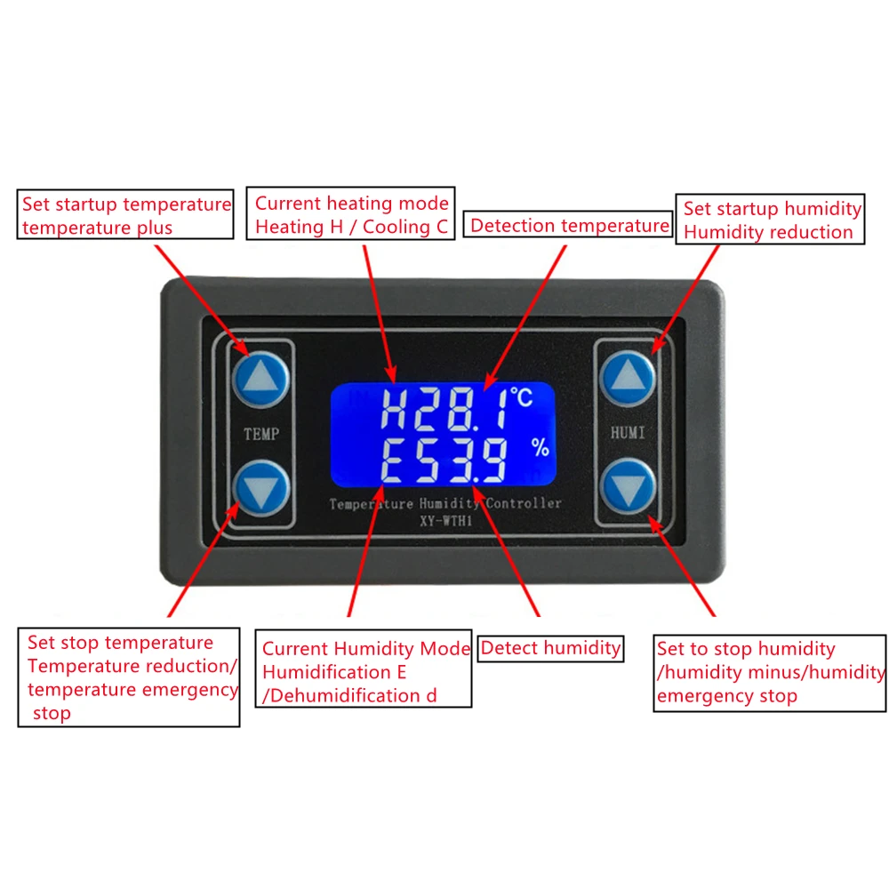 XY-WTH1 10A Thermostat Digital Temperature Humidity Controller DC 6V-30V Thermal Regulator Thermocouple LCD Display SHT20 Sensor |