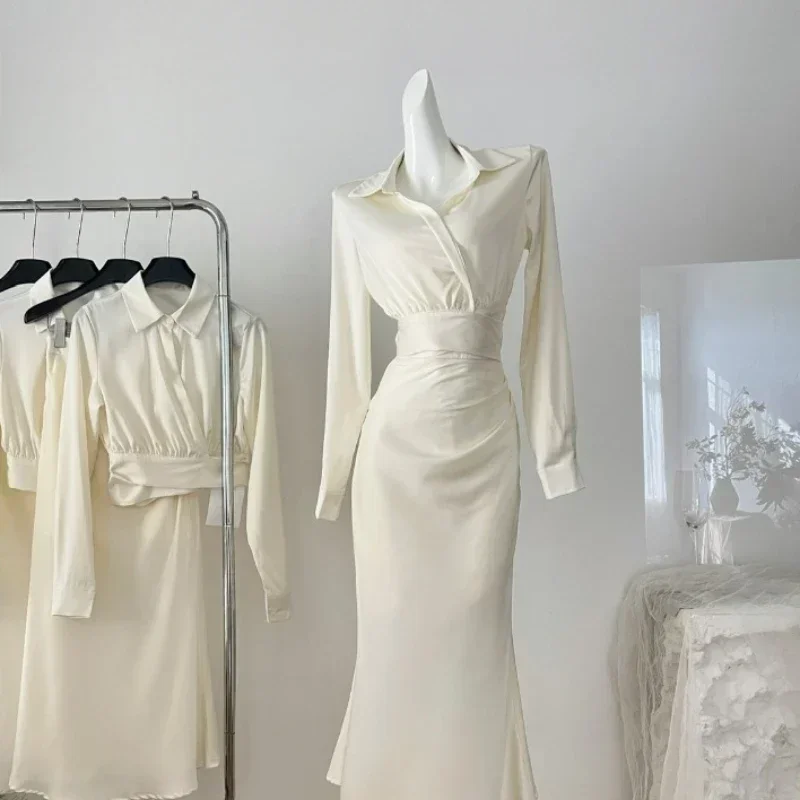 Женское вечернее платье-рубашка с длинным рукавом и юбкой миди