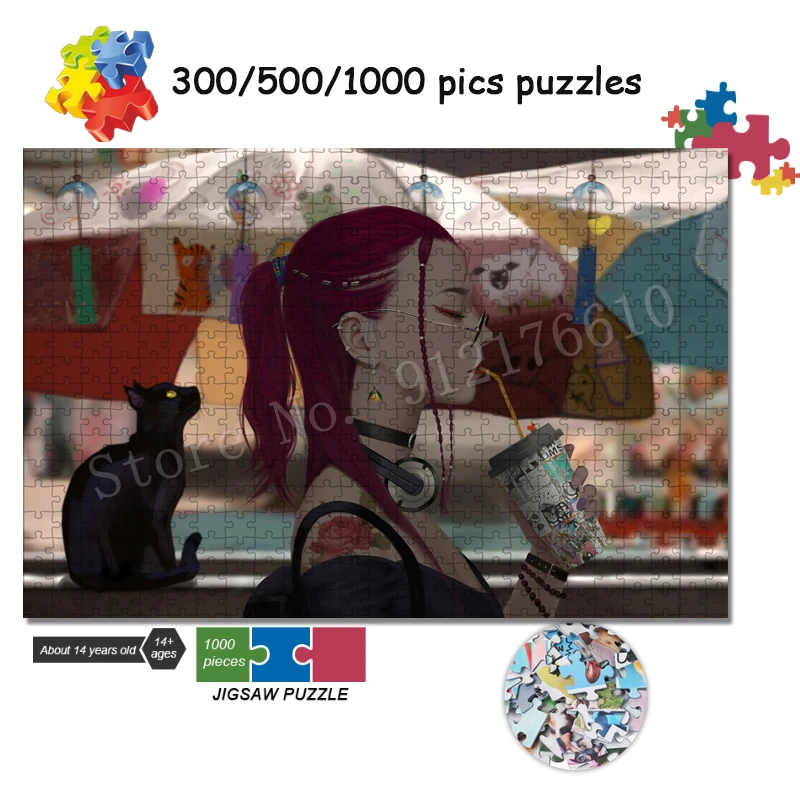 

Summer Soda Girl 300/500/1000 Pieces Jigsaw Puzzle Modern Street Black Cat Educational Decompressed Diy Puzzles Crafts Art Decor