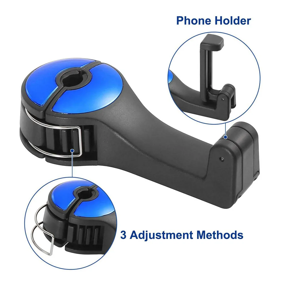 

2pcs 2 In 1 Car Seat Back Headrest Hooks Purse Hanger With Phone Holder Blue Plastic Fit Seat Rear Hook Equippments Tool