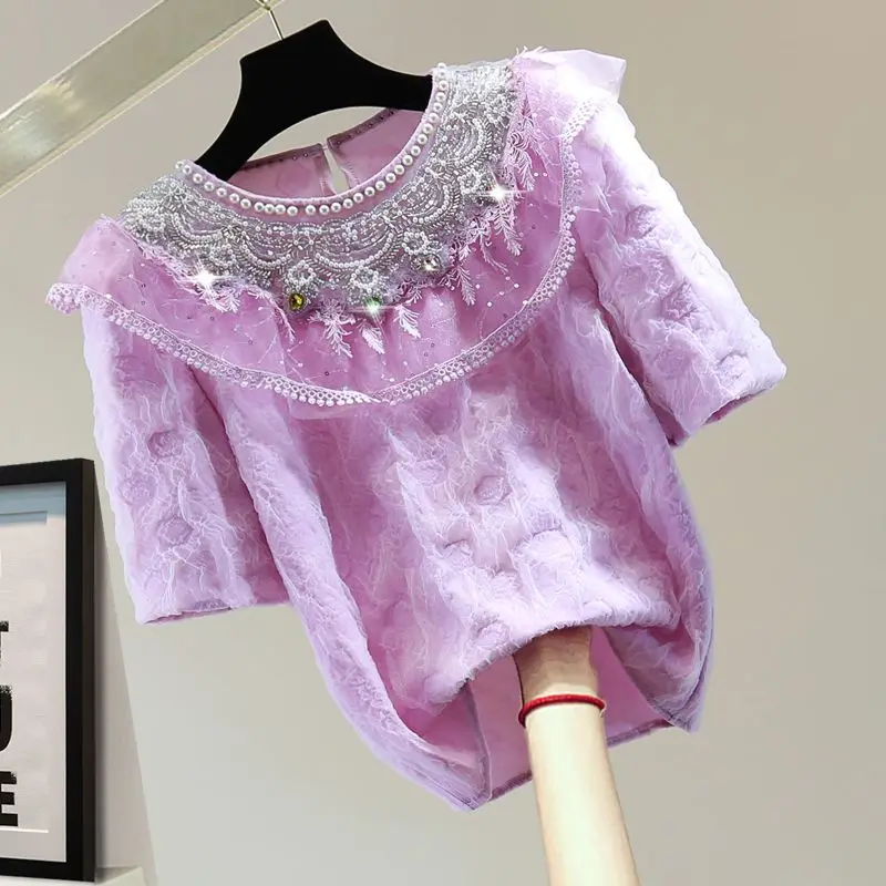 Neploe футболка с коротким рукавом буфами и блестками круглым вырезом Лето 2024