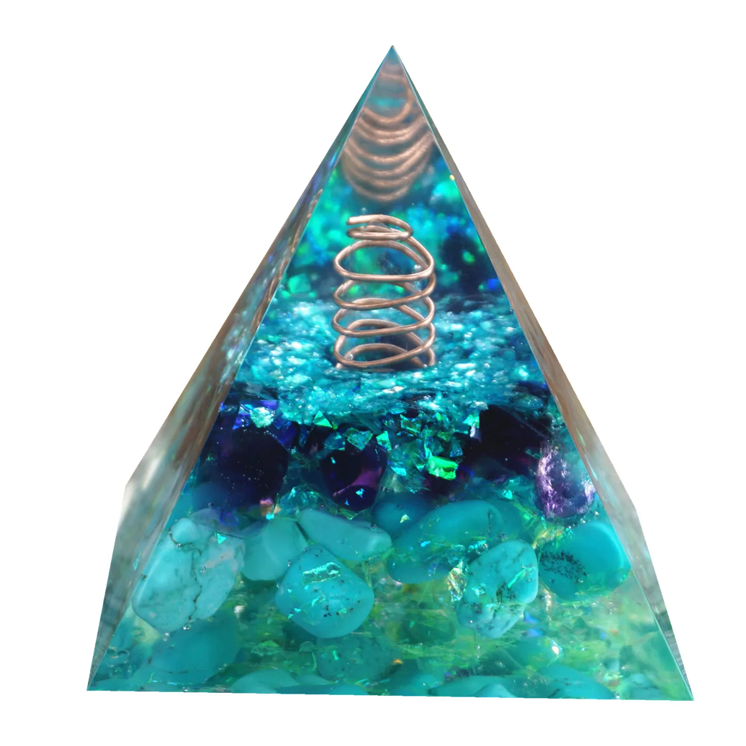 

White Crystal Point In Copper Circle Orgonite Pyramid with Amethyst Quartz Turquoise EMF Protection Orgone Energy Reiki Chakra