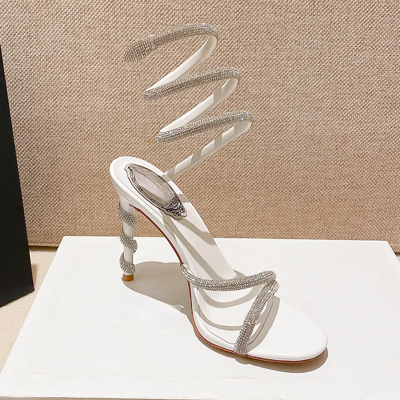 2023 New Style~Celebrity Diamond Ribbon Snake Shaped Fashion High Heel Thin Heel Round Toe Open Toe Women's Sandals