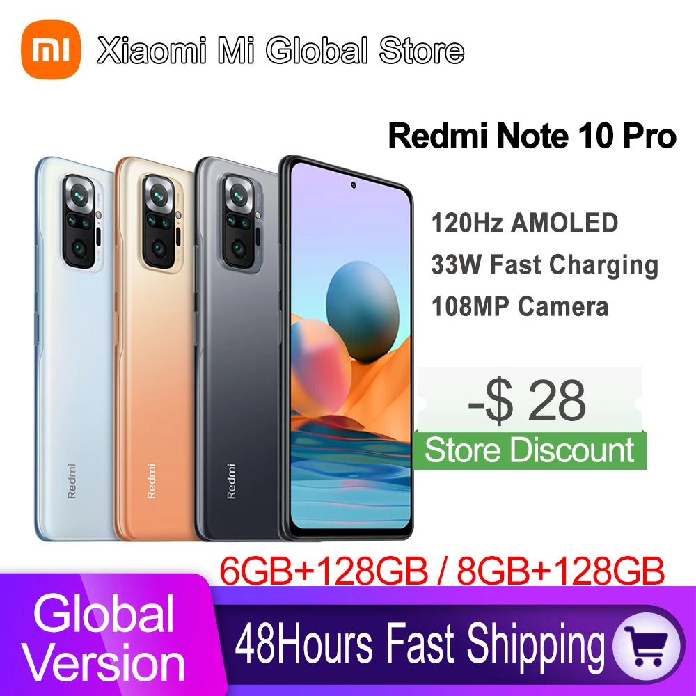 Global Version Xiaomi Redmi Note 10 Pro 64GB/128GB Smartphone Snapdragon 732G 120Hz AMOLED Display 108MP Camera 5020mAh 33W NFC