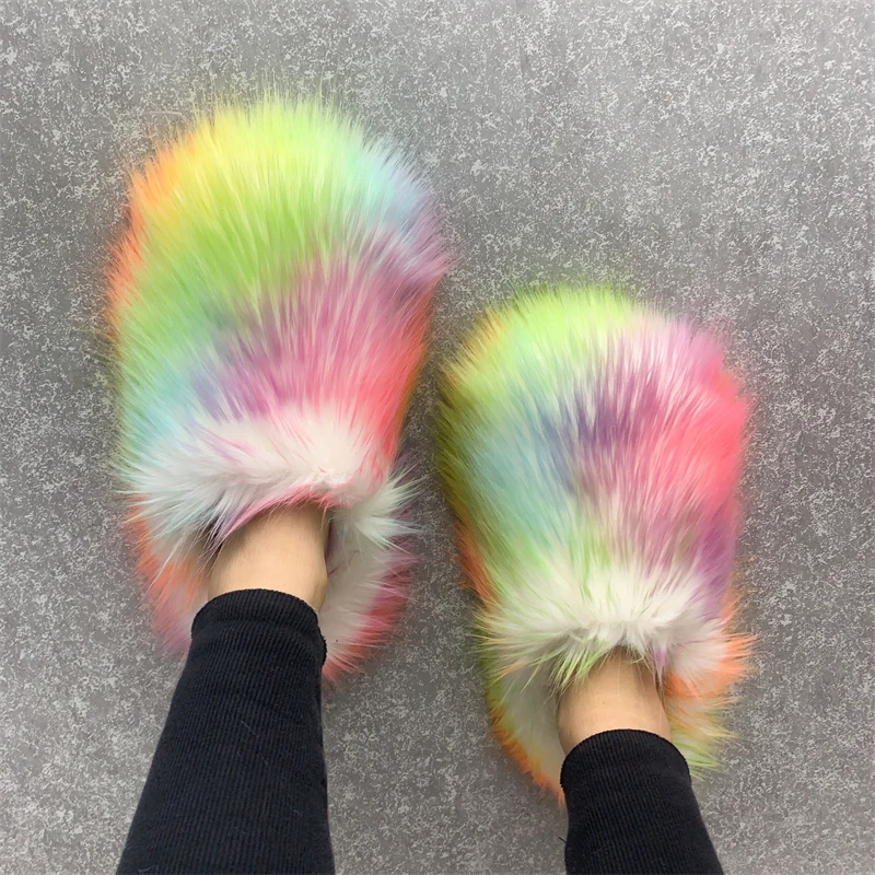 Spring Summer Women Plush Flat Shoes Outdoor Indoor Fashion Slippers Raccoon Fur Slides