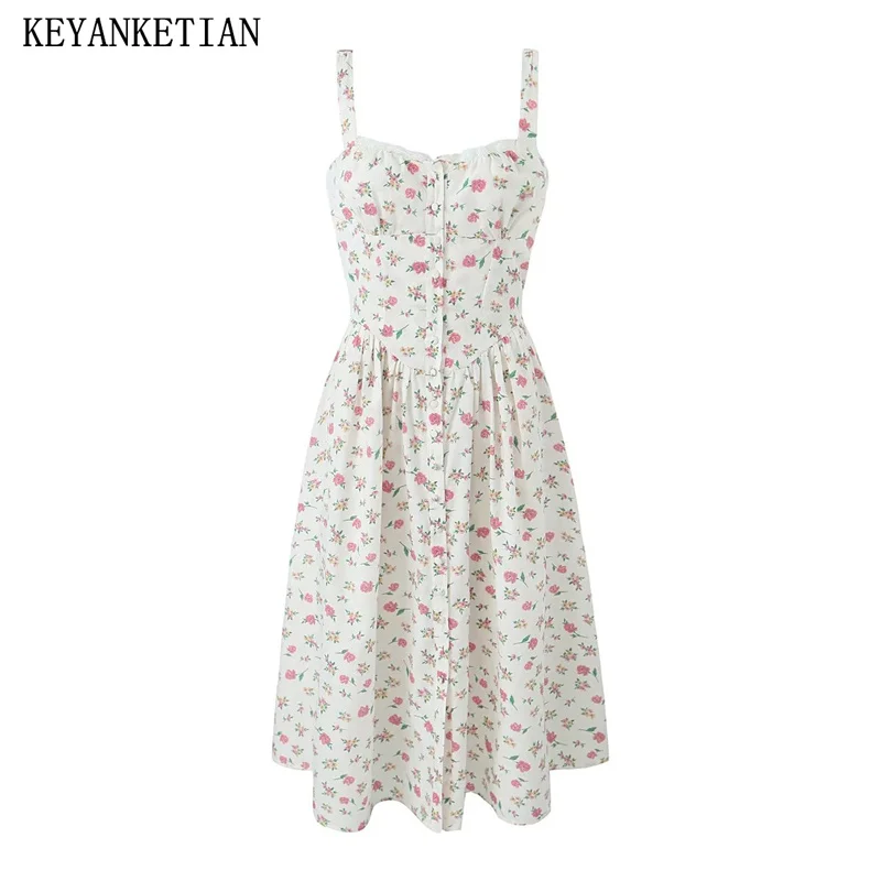 

KEYANKETIAN Single Breasted Floral Dress Women Summer New Lace-Up Slim Pastoral Print Sleeveless Ankle-Length Dress Sweet