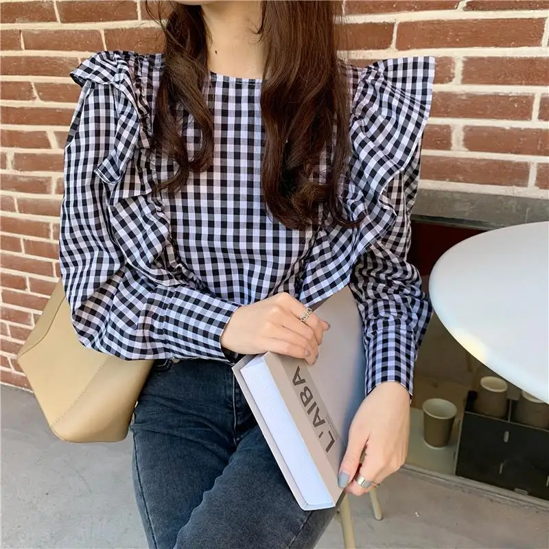 

Ruffles O Neck Plaid Women Blouse Shirt Black White Autumn Oversize Korean Office Lady Fashion Elegant Tops Woman Clothes