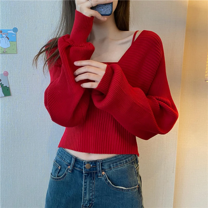 

Autumn Lace-up Sling Knitted Pullovers Top Winter New Slim Korean Solid Color V-neck Short Top Knit Sweater Women Jumper Full