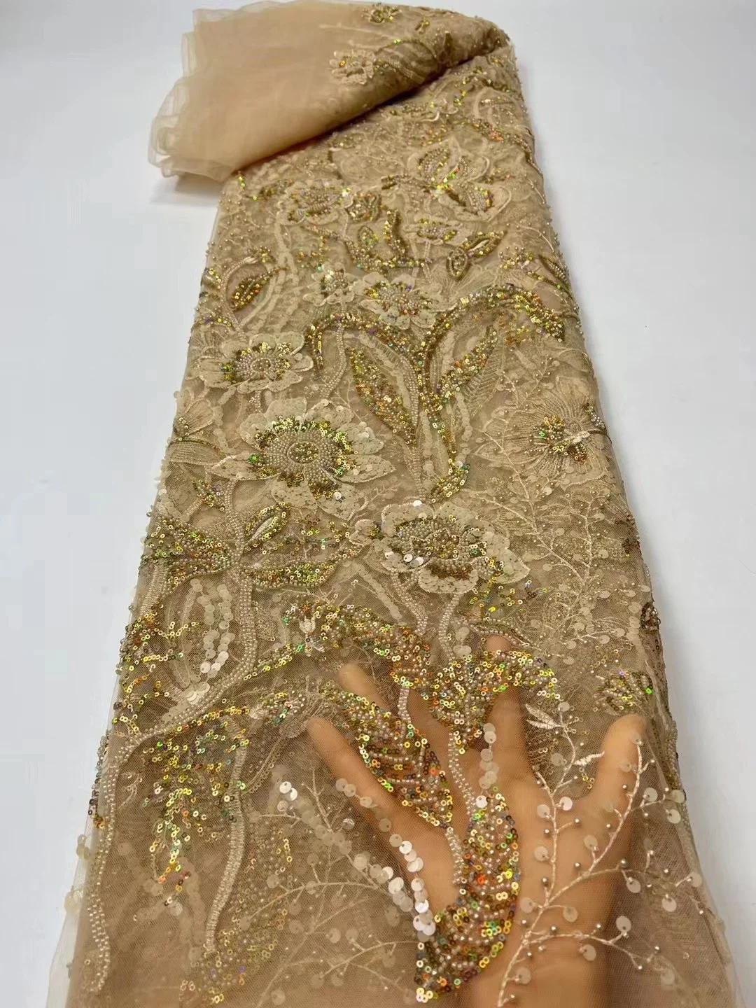 

2023 Beaded Sequin Net Lace High Quality Gold Sequin Latest Embroidery Fabric Party Asoebi Nigeria African Lace