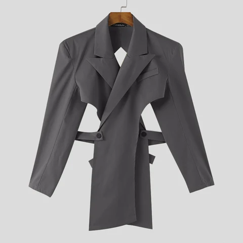 Пиджак INCERUN мужской асимметричный, однотонный Повседневный ажурный жакет с открытой спиной, отложным воротником и длинным рукавом, уличная одежда, 2024