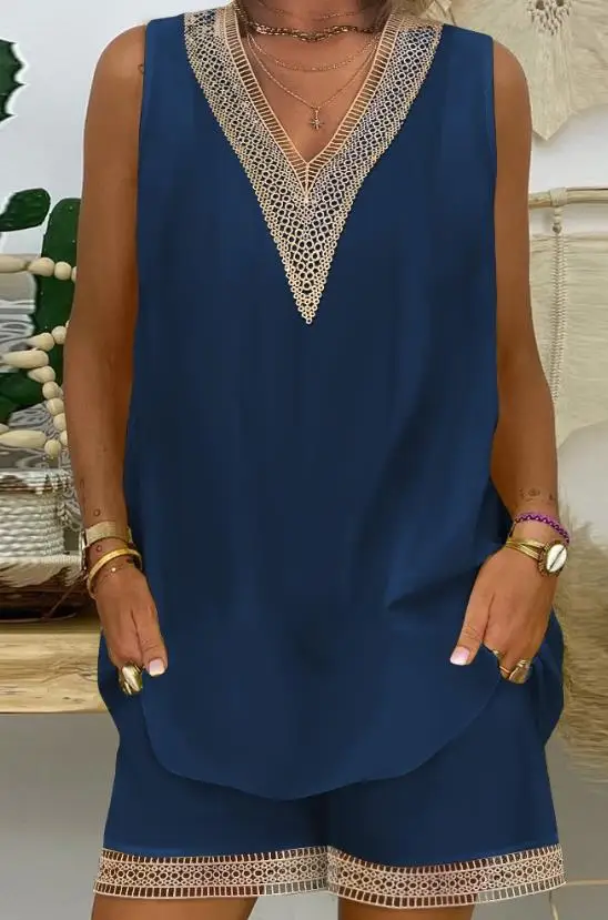 

Summer Outfits for Women 2023 Two Piece Set New Style Commuting Lace Patch Tank Top & Shorts Set Casual Fashion Daily