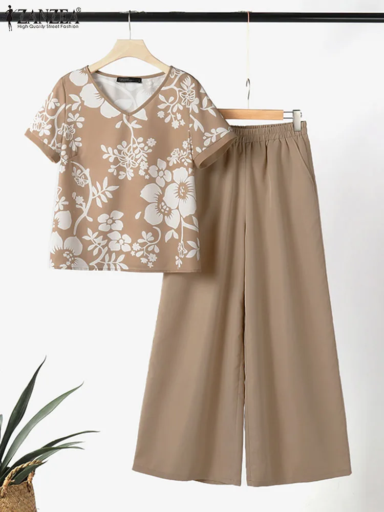 Костюм спортивный ZANZEA женский летний из блузки с коротким рукавом и широких брюк