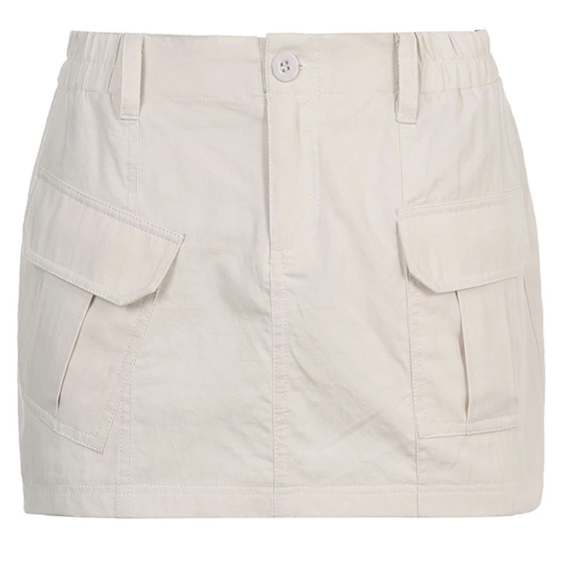 

L5YA KawaiiWomen Solid Cargo Mini Skirt Preppy Style Mid Waist Casual Skirts