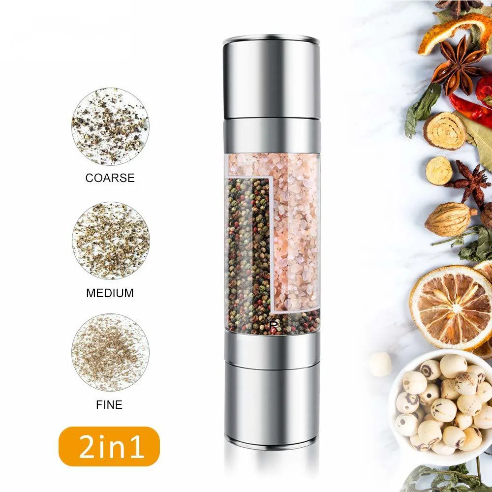 2 In 1 Pepper Mill Manual Stainless Steel Salt and Pepper Grinder Set with Adjustable Ceramic Grinding Spice Grinder KitchenTool