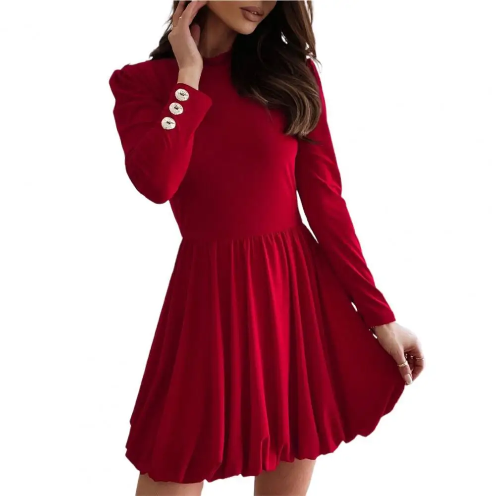 

Women Princess Dress 2022 Pleated Hem A-Line Spring Autumn Crew Neck Above Knee Dress for Wedding