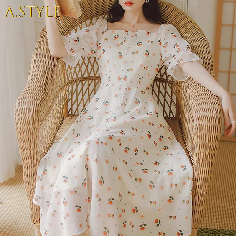 

French Sweet Midi Vintage Floral Dresses Female Design Chiffon Korean Style Short Sleeve Fairy Summer Women's Dress 2021 Casual