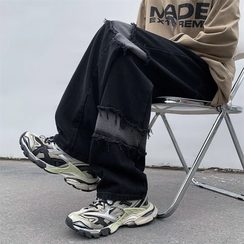 DEEPTOWN Gothic Patchwork Jeans Men Ripped Black Denim Pants Male Vintage Straight Trousers Streetwear Hip Hop Fashion Spring