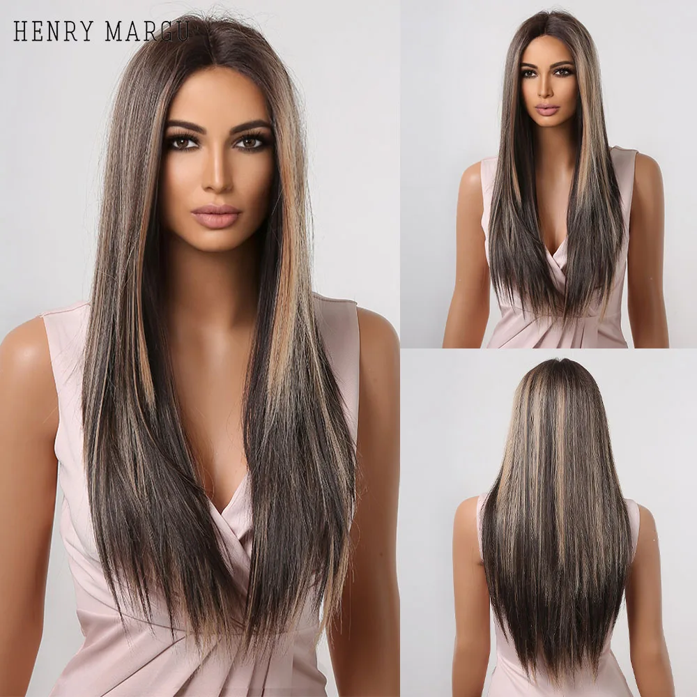 

HENRY MARGU Dark Brown Mixed Golden Lace Front Synthetic Wigs Long Straight Lace Wig for Black Women Cosplay Transparent Wig