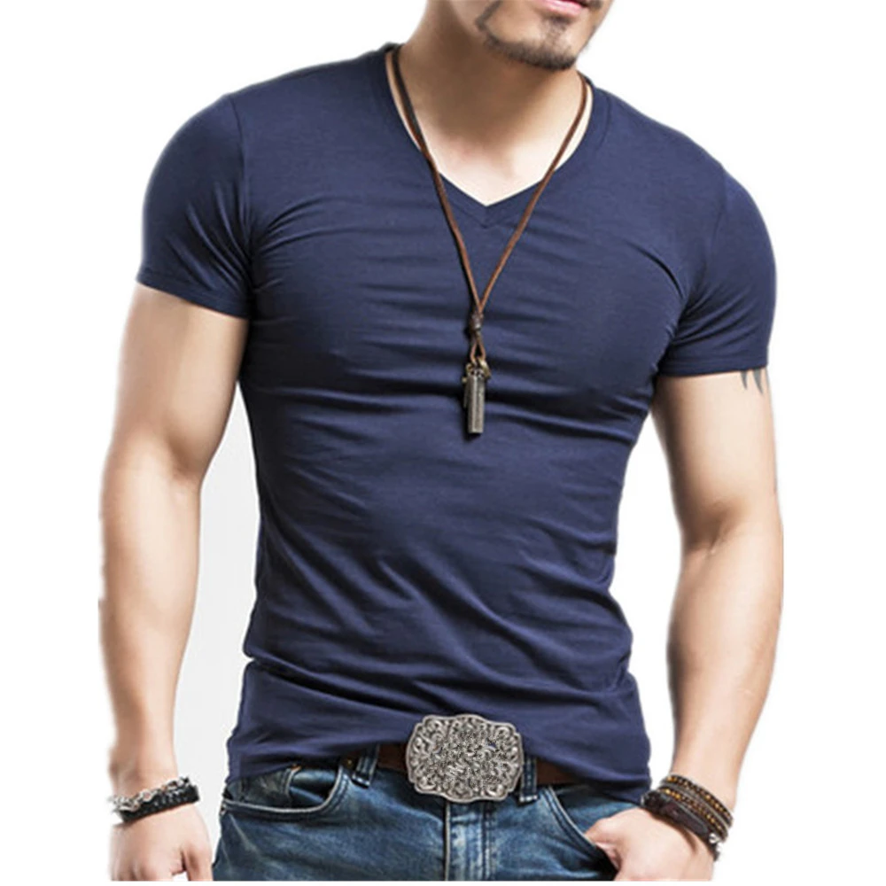 

7582 Brand Nieuwe V Kraag Mannen T-shirt Korte Mouw Heren T-shirt Half Mouw Lycra Katoen Man T-shirt Voor Man t-shirt Kleding