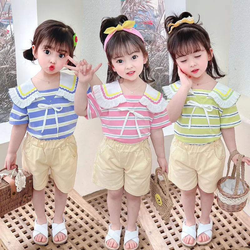 

Новинка, детская одежда, летняя футболка с полосками для девочек, шорты, 2 шт./компл., одежда для малышей, детская спортивная одежда